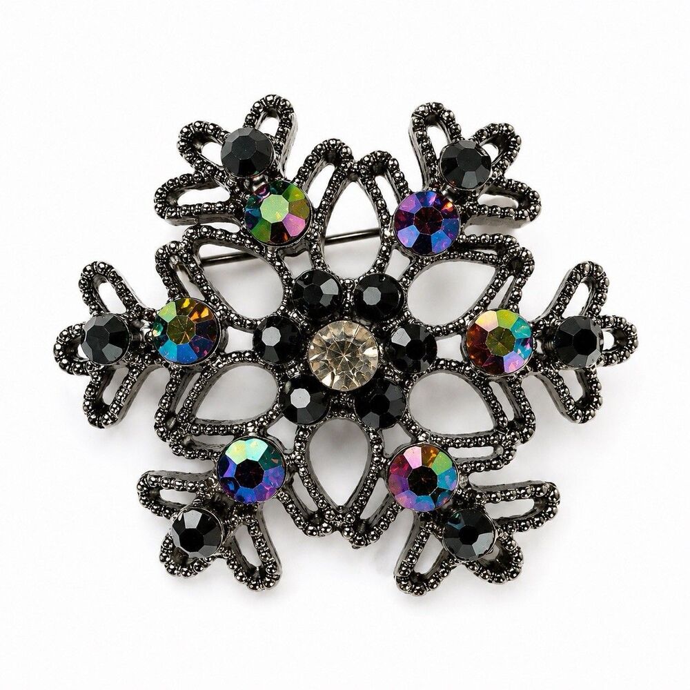 Vintage 1950s Japanned Rhinestone Brooch Pin Aurora Borealis Snowflake Floral